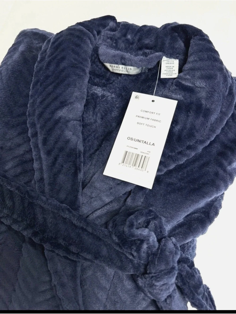Perry Ellis Men's Herringbone Textured Soft Fleece Robe Navy Blue NEW O/S